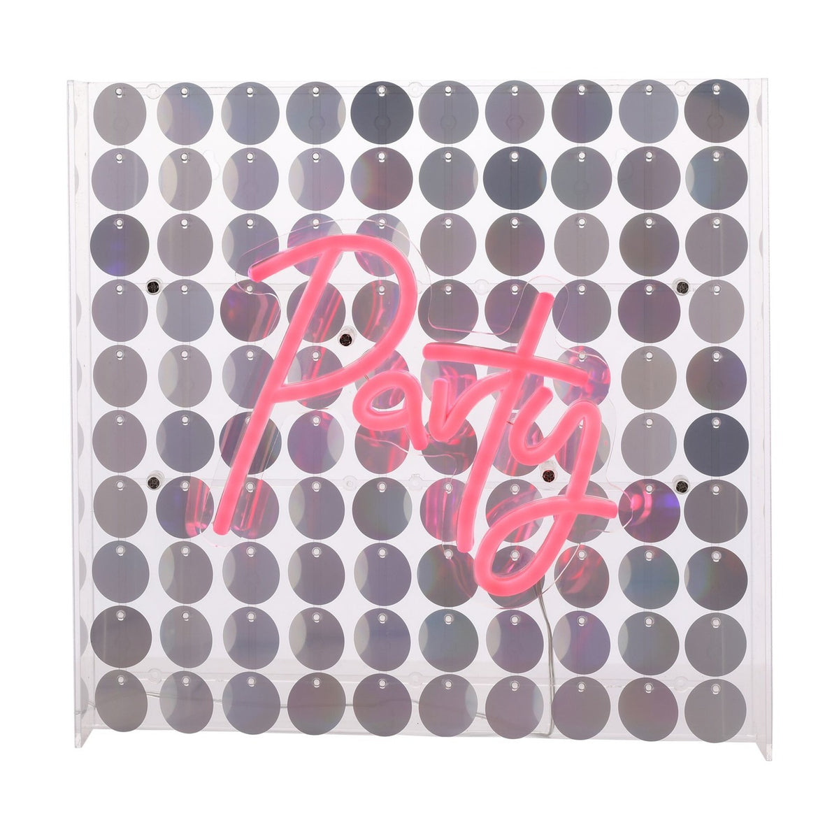 Party Neon Sign in pink script LED tubing mounted on a clear square panel backed with shimmering silver sequins, for wall or mantel display.