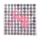Party Neon Sign in pink script LED tubing mounted on a clear square panel backed with shimmering silver sequins, for wall or mantel display.