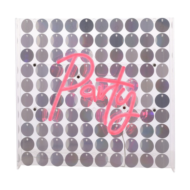 Party Neon Sign in pink script LED tubing mounted on a clear square panel backed with shimmering silver sequins, for wall or mantel display.