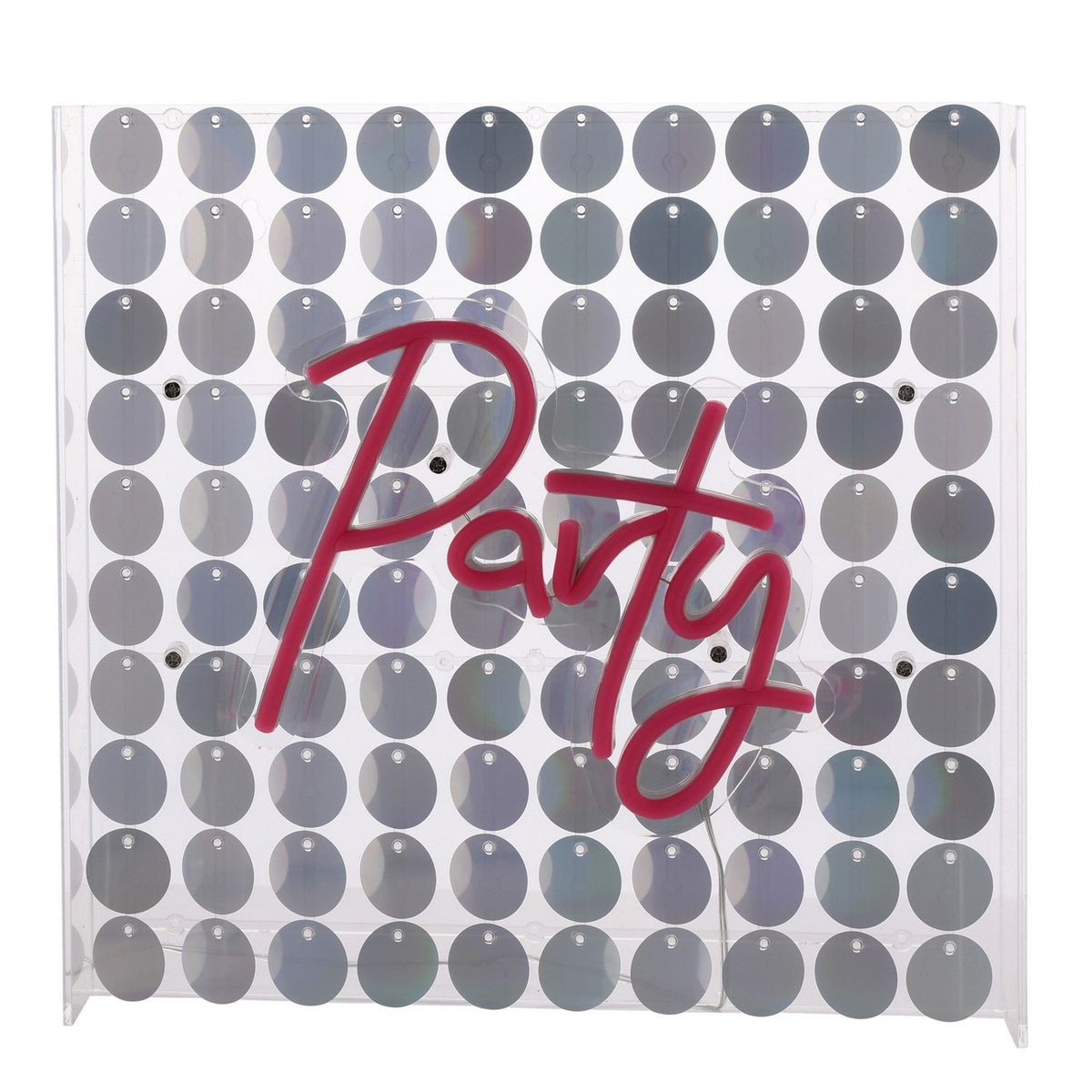 Party Neon Sign in pink script LED tubing mounted on a clear square panel backed with shimmering silver sequins, wall or mantel light-up decoration.