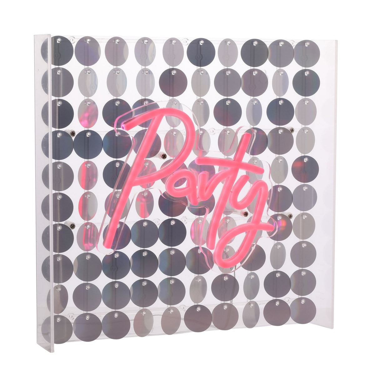 Party Neon Sign in pink script script mounted on a clear acrylic panel backed with round silver sequins, shown at an angle against a white background.
