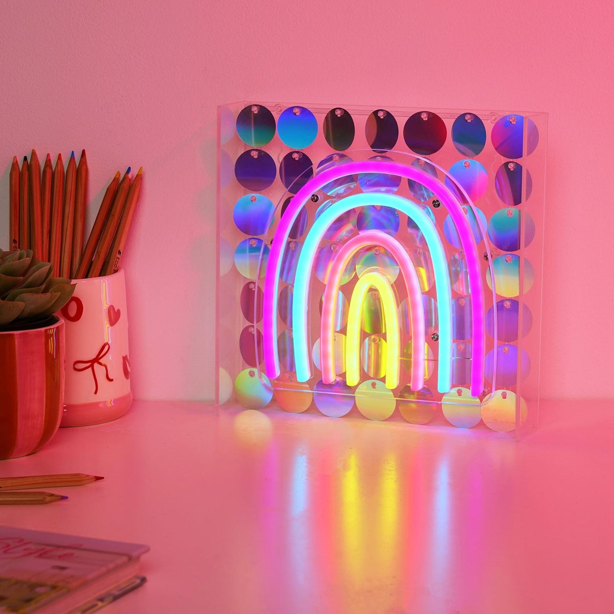 Rainbow Neon Wall or Mantel Sign Metal Light-Up Decoration
