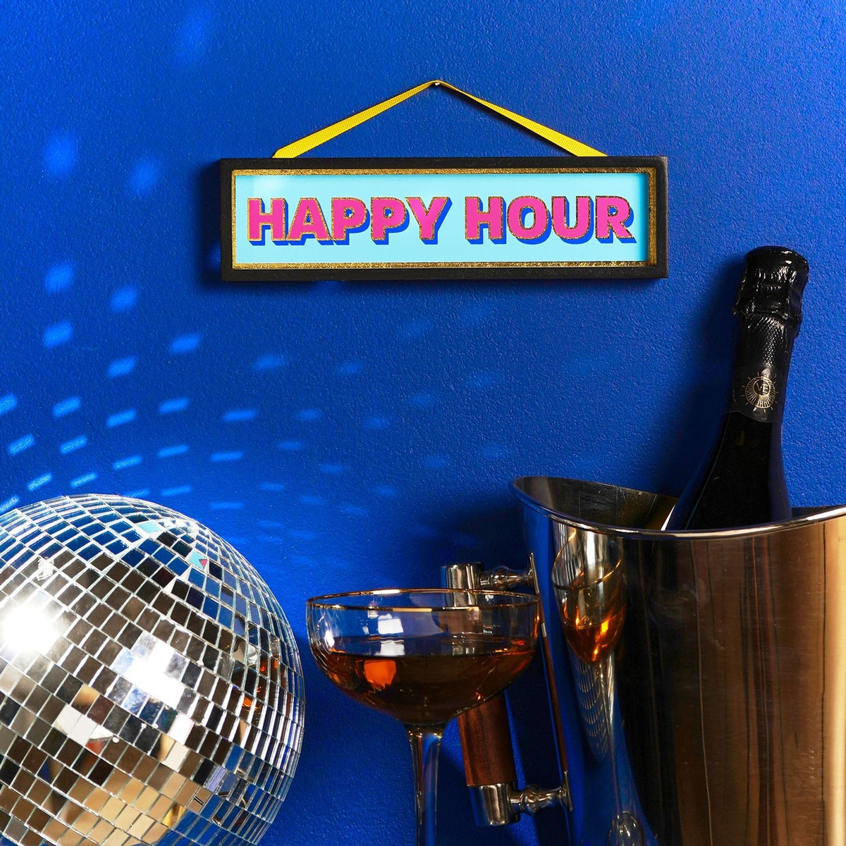Happy Hour Rectangular Hanging Wooden Plaque - Black & Blue
