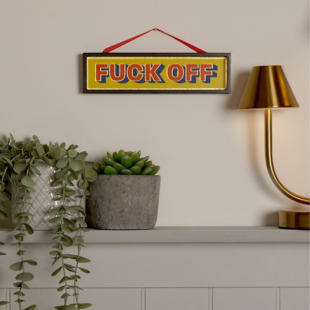 F Off Rectangular Hanging Wooden Plaque with Ribbon - Black