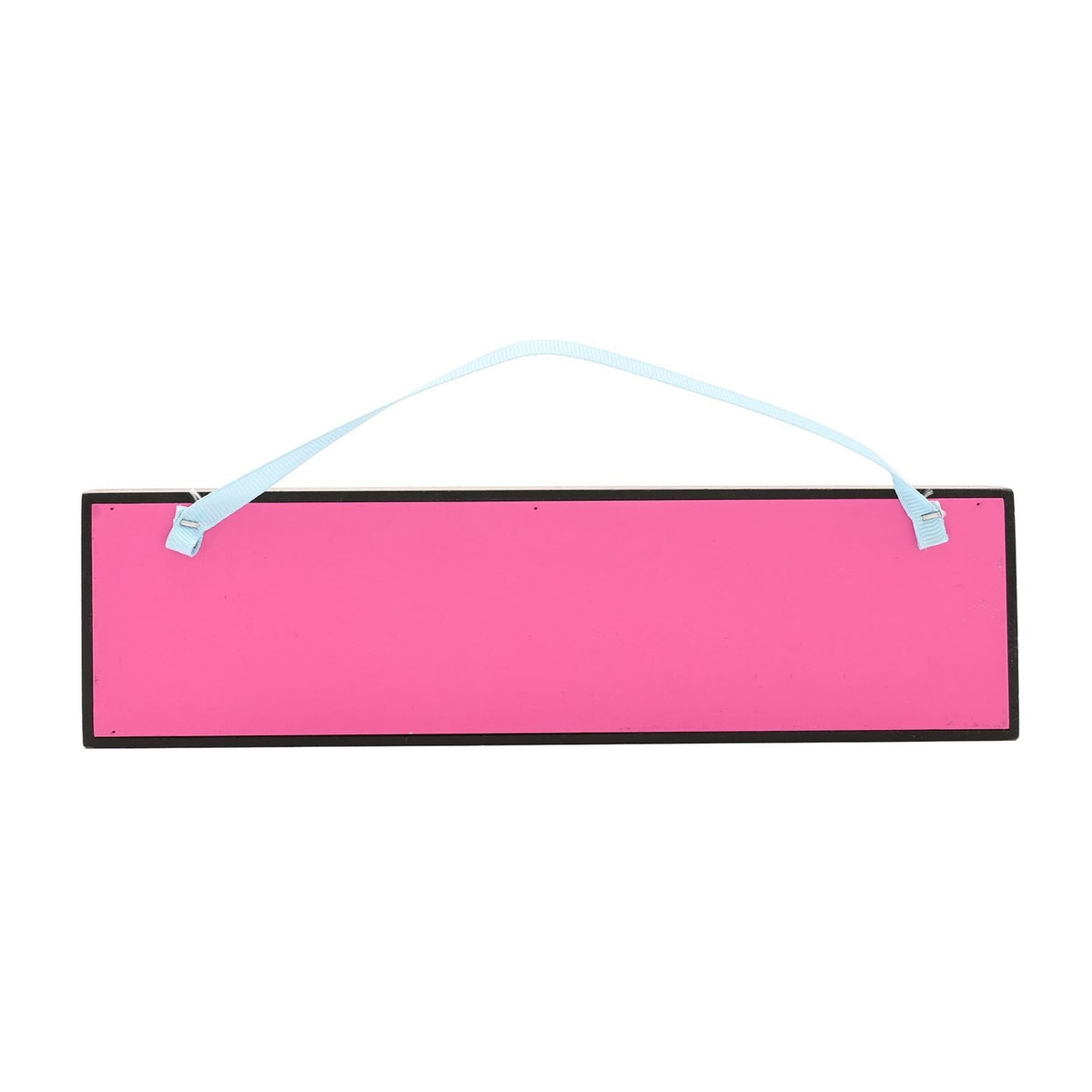 Rectangular wooden hanging plaque with a hot pink panel and black frame, blank of text, hung by a pale blue ribbon on a plain white background.