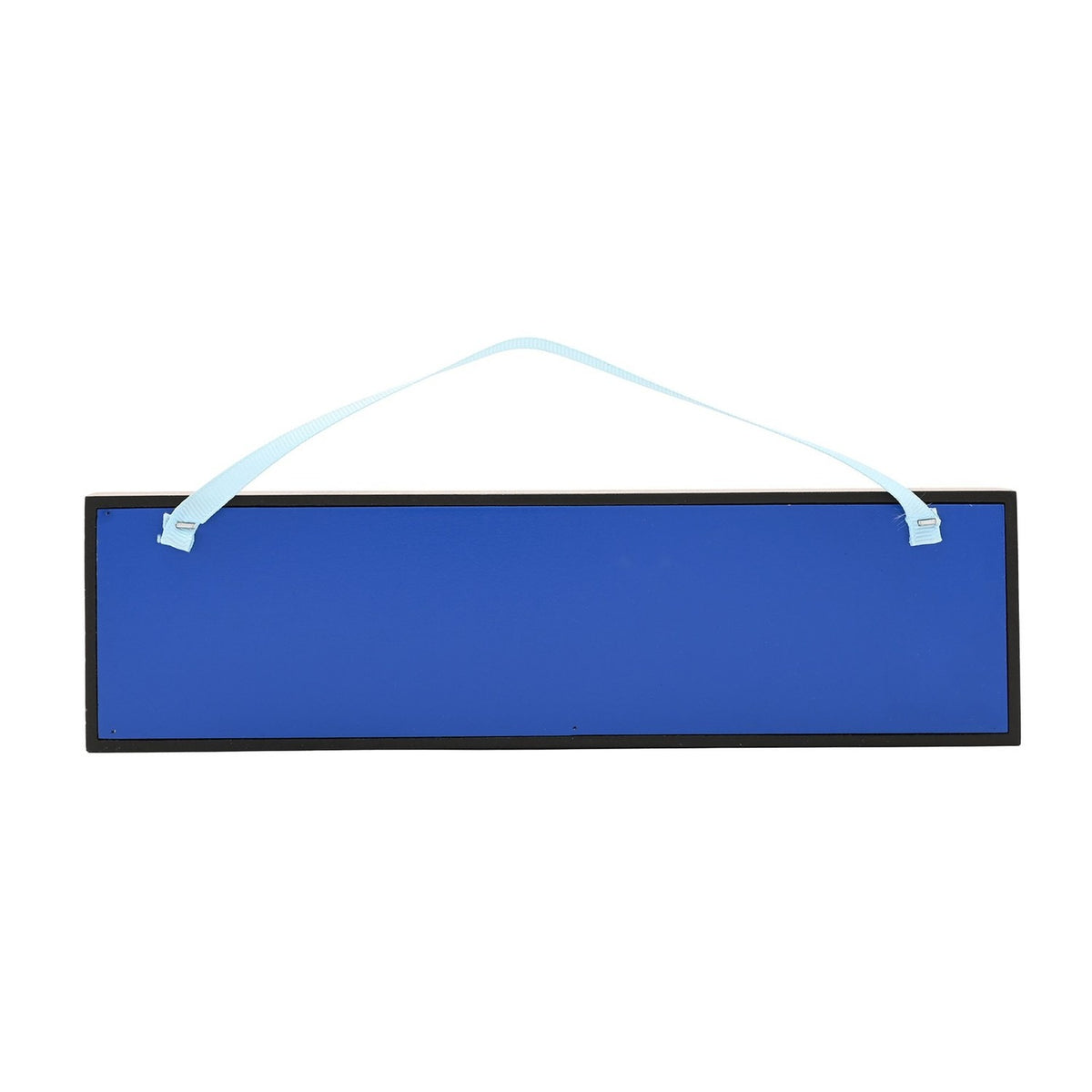 Rectangular wooden hanging wall plaque with a blank blue face in a black frame and light blue fabric hanging strap, shown on a plain white background.