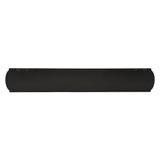 Black wooden wall plaque with rounded ends and a recessed panel, rear view showing mounting hooks and hanging hardware, on a plain white background.