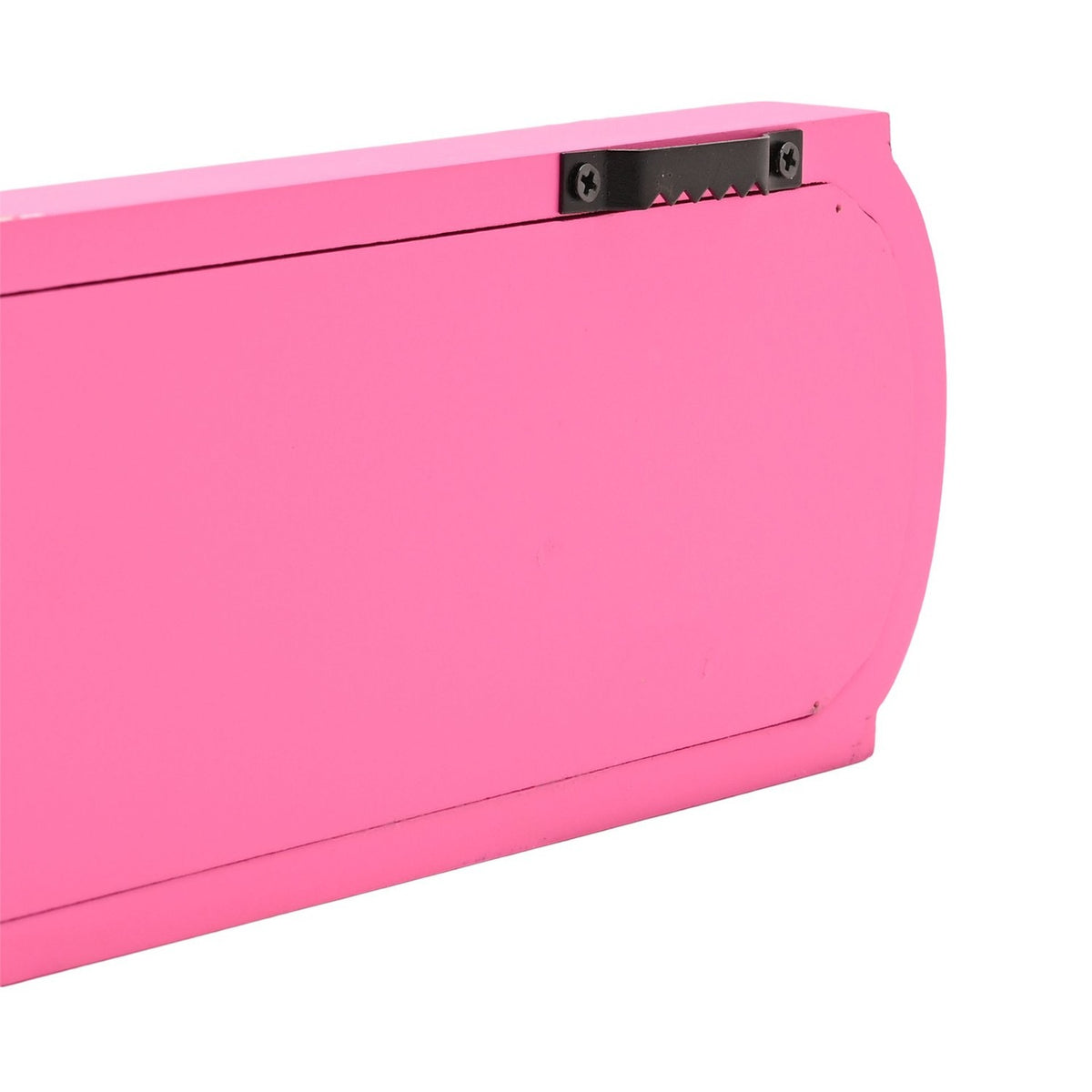 Close-up side view of the pink wooden wall plaque showing its curved edge, recessed panel outline, and black sawtooth hanging bracket, on a white background.