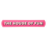 Wooden wall sign plaque reading "THE HOUSE OF FUN" in pale pink capitals with black drop shadow on a bright pink background, gold outline and border, on a plain white background.