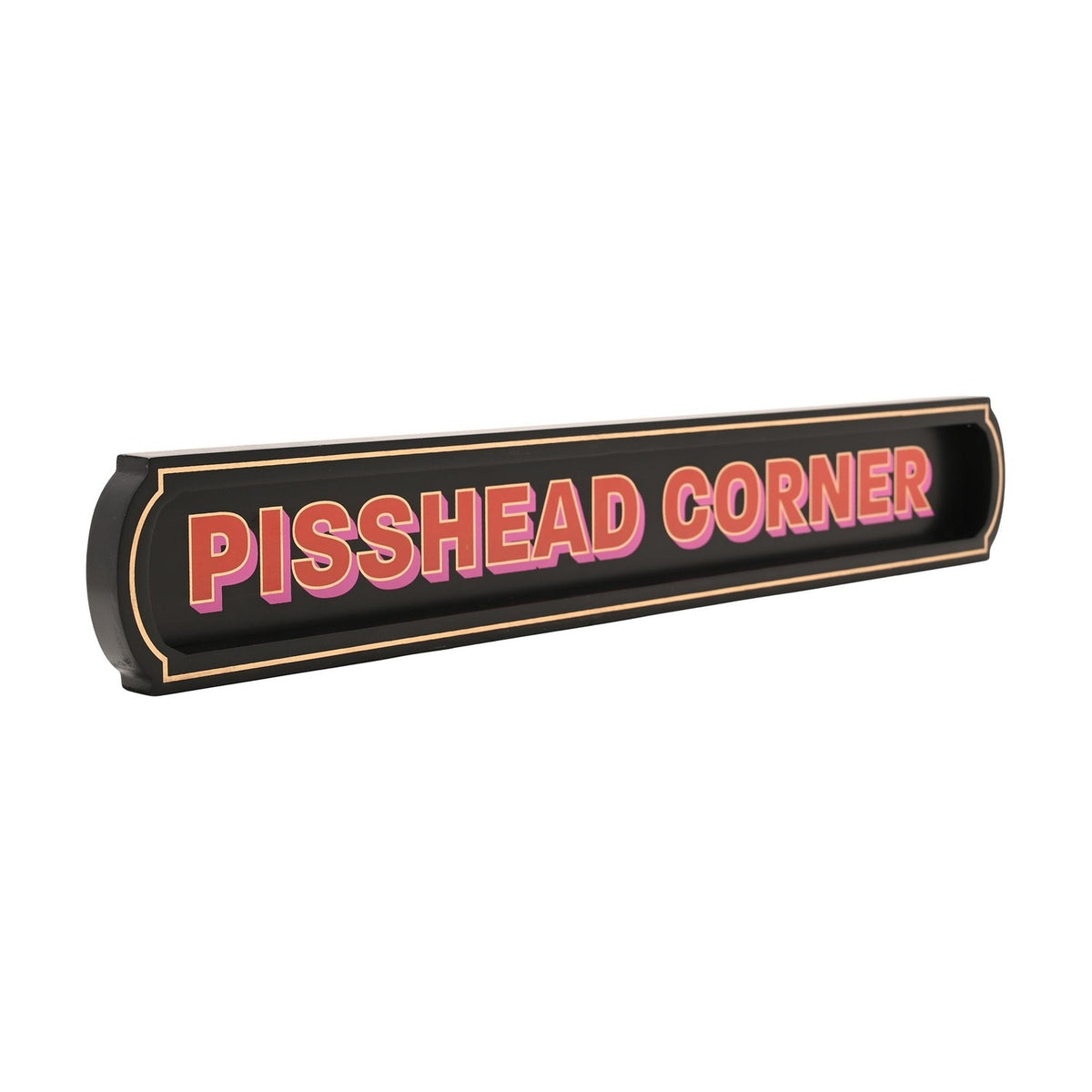 Pisshead Corner Wall Sign Wooden Plaque with Gold Border - Black
