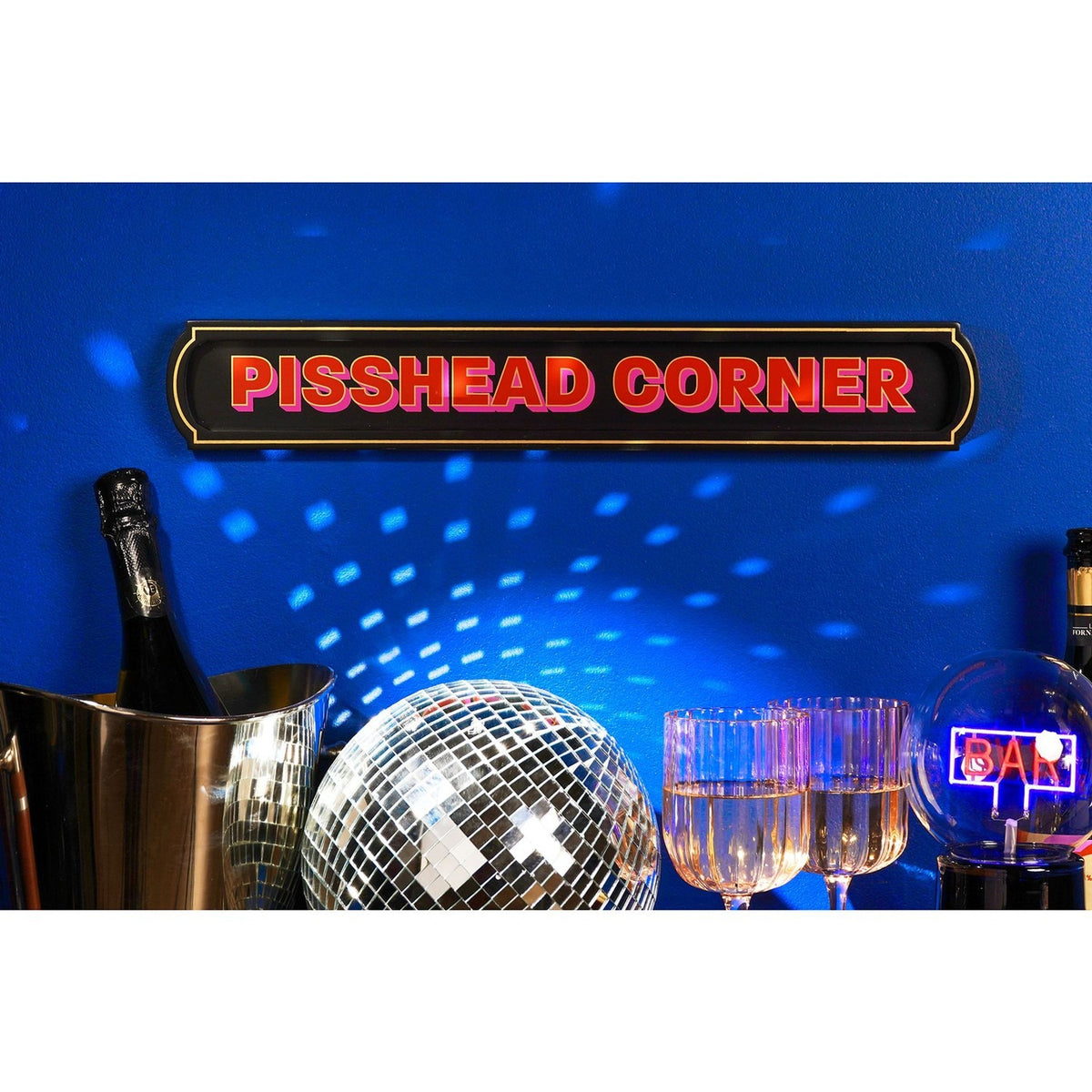 Pisshead Corner Wall Sign Wooden Plaque with Gold Border - Black