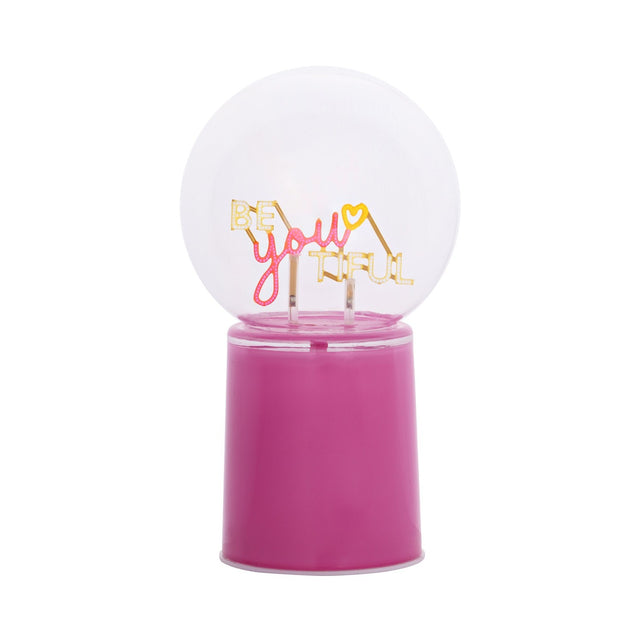 Be You Tiful Globe LED Neon Ceramic Table Lamp, 22cm pink base with clear round globe displaying "BE you TIFUL" lettering and heart detail on slim stems, plain white background.