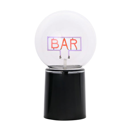Bar Sign LED neon table lamp with red "BAR" lettering and blue outline inside a clear round globe on a black ceramic base, shown on a plain white background.