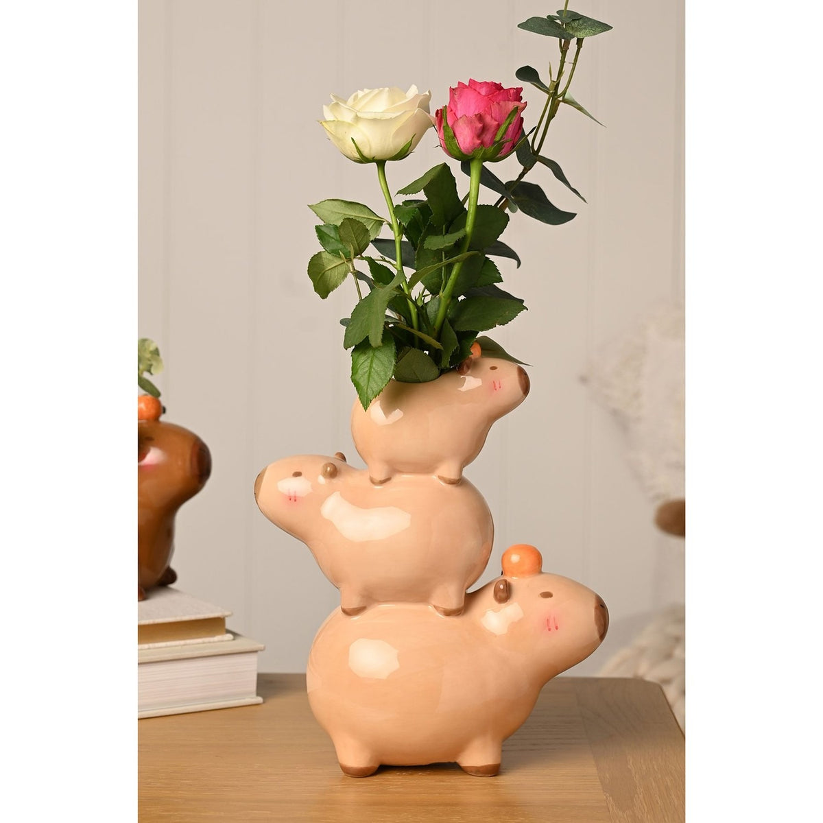 Three Capybara Stack Glossy Ceramic Flower Vase - Brown