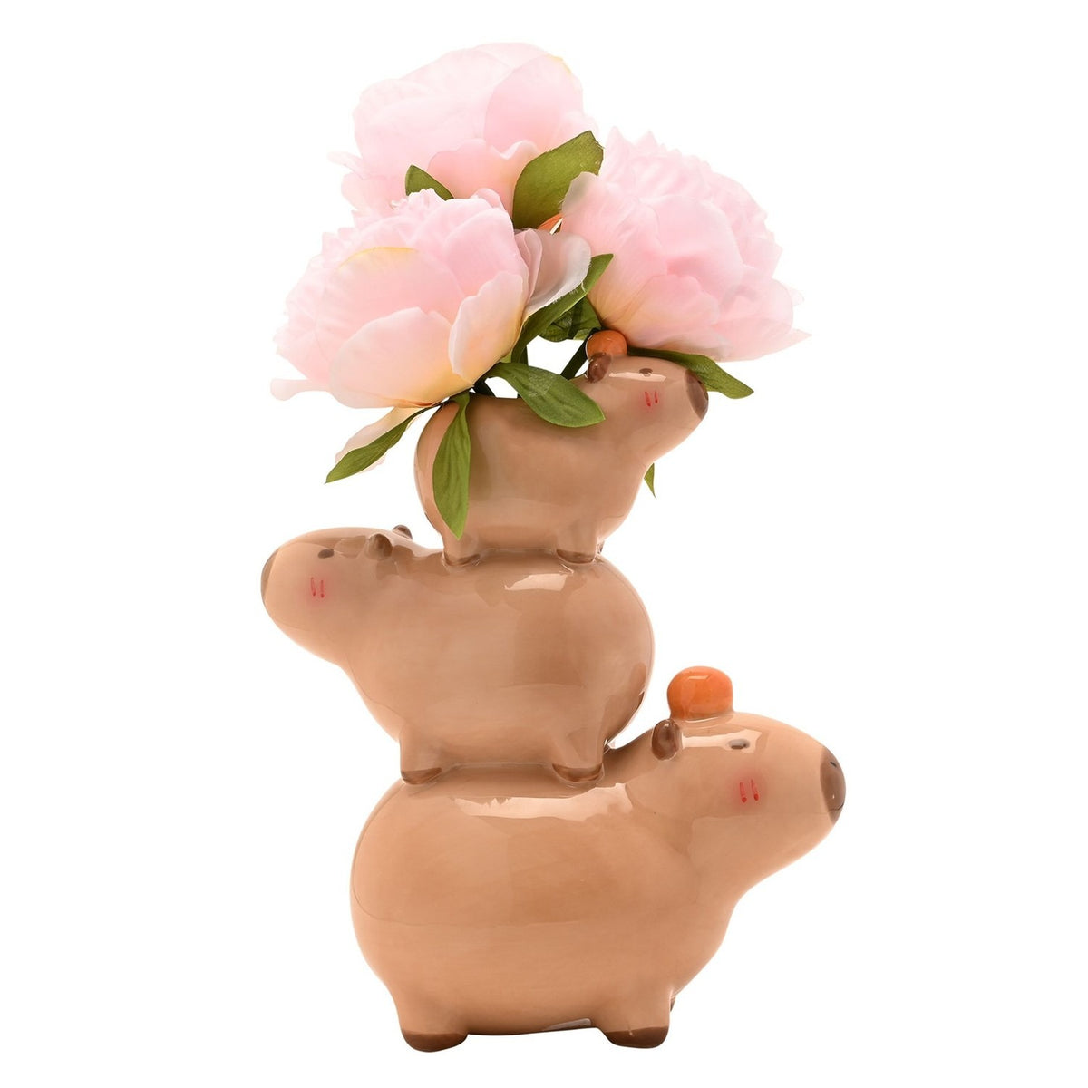 Three Capybara Stack Glossy Ceramic Flower Vase - Brown