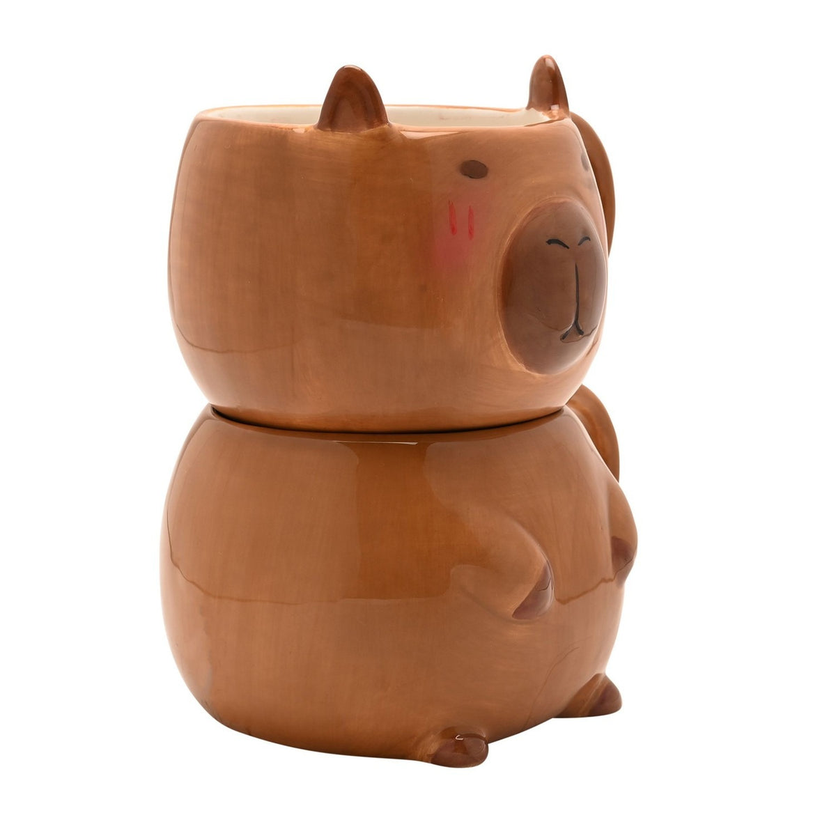 Capybara Head and Body Stacking Earthenware Mug in glazed brown, with pointed ears, blushed cheeks, a raised muzzle, and paw details on the rounded body, shown on a white background.