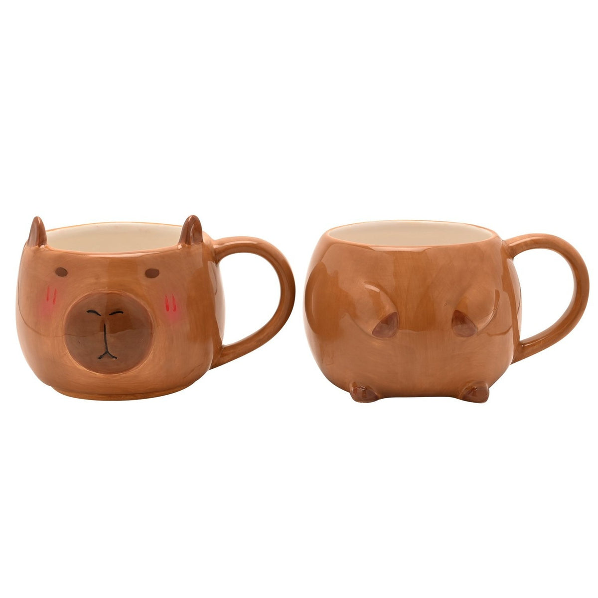 Capybara Head and Body Stacking Earthenware Mug in glazed brown ceramic, shown as two separate mugs with a face design and paw details, on a white background.