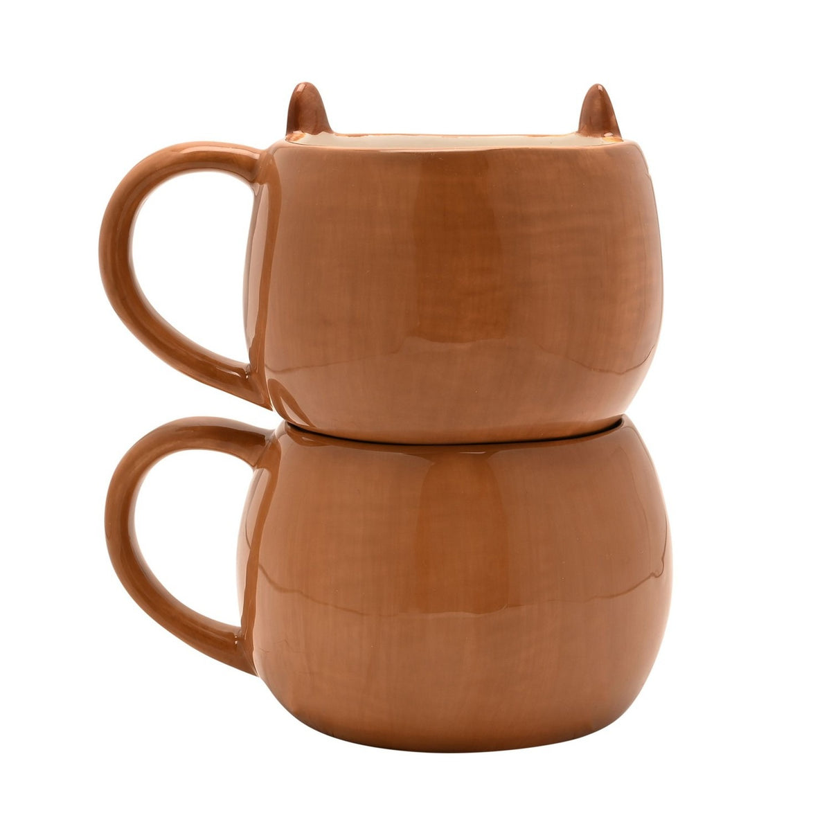 Capybara Head and Body Stacking Earthenware Mug in glazed brown, two round mugs stacked with ears and curved handles, shown on a plain white background.