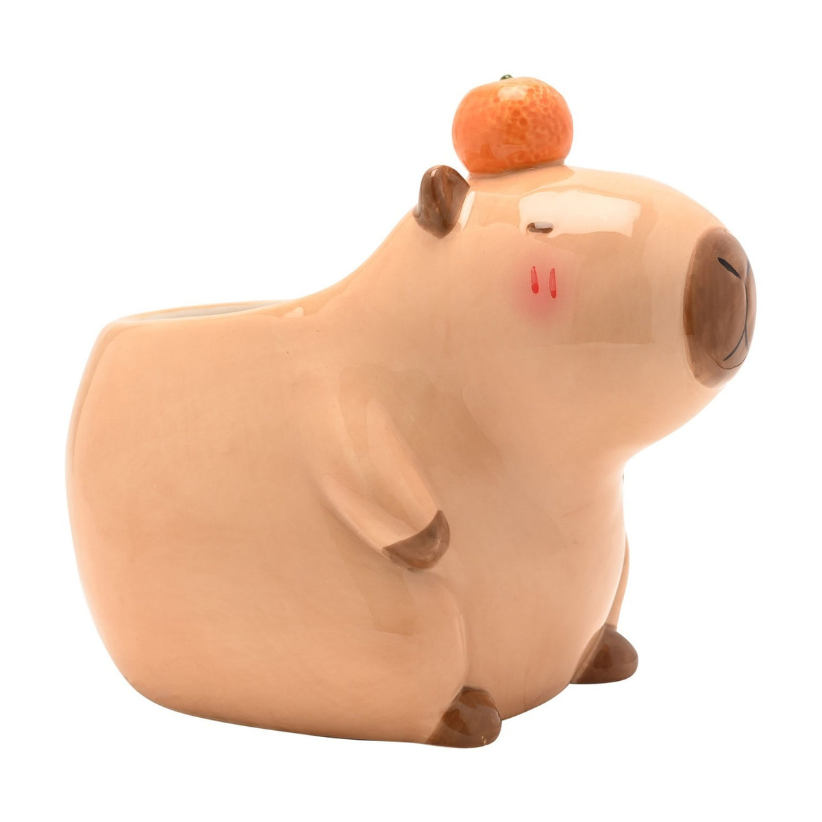 Large Capybara Ceramic Planter with Mandarin - Beige & Brown