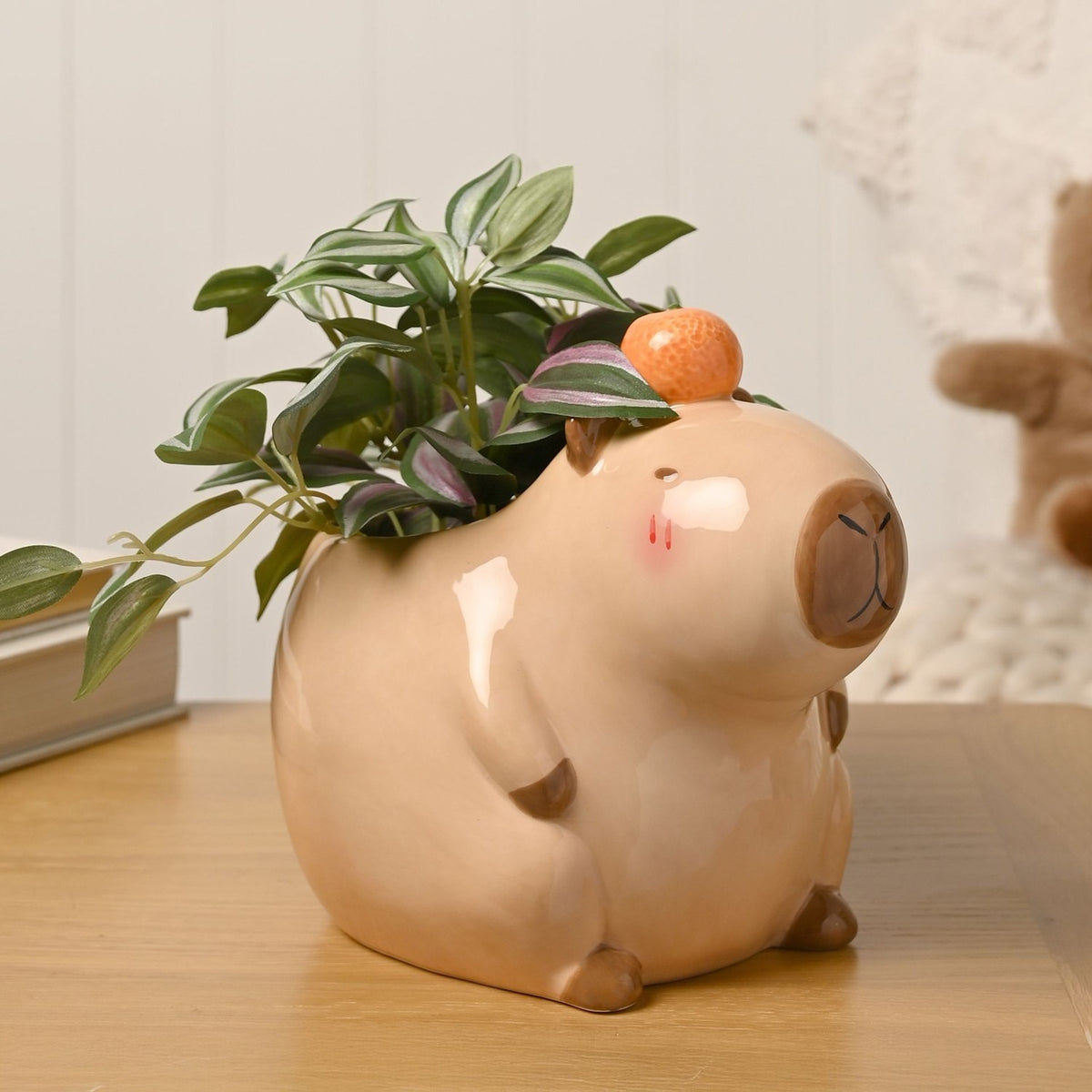 Large Capybara Ceramic Planter with Mandarin - Beige & Brown