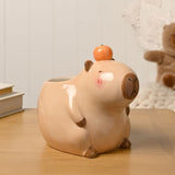 Large Capybara Ceramic Planter with Mandarin - Beige & Brown