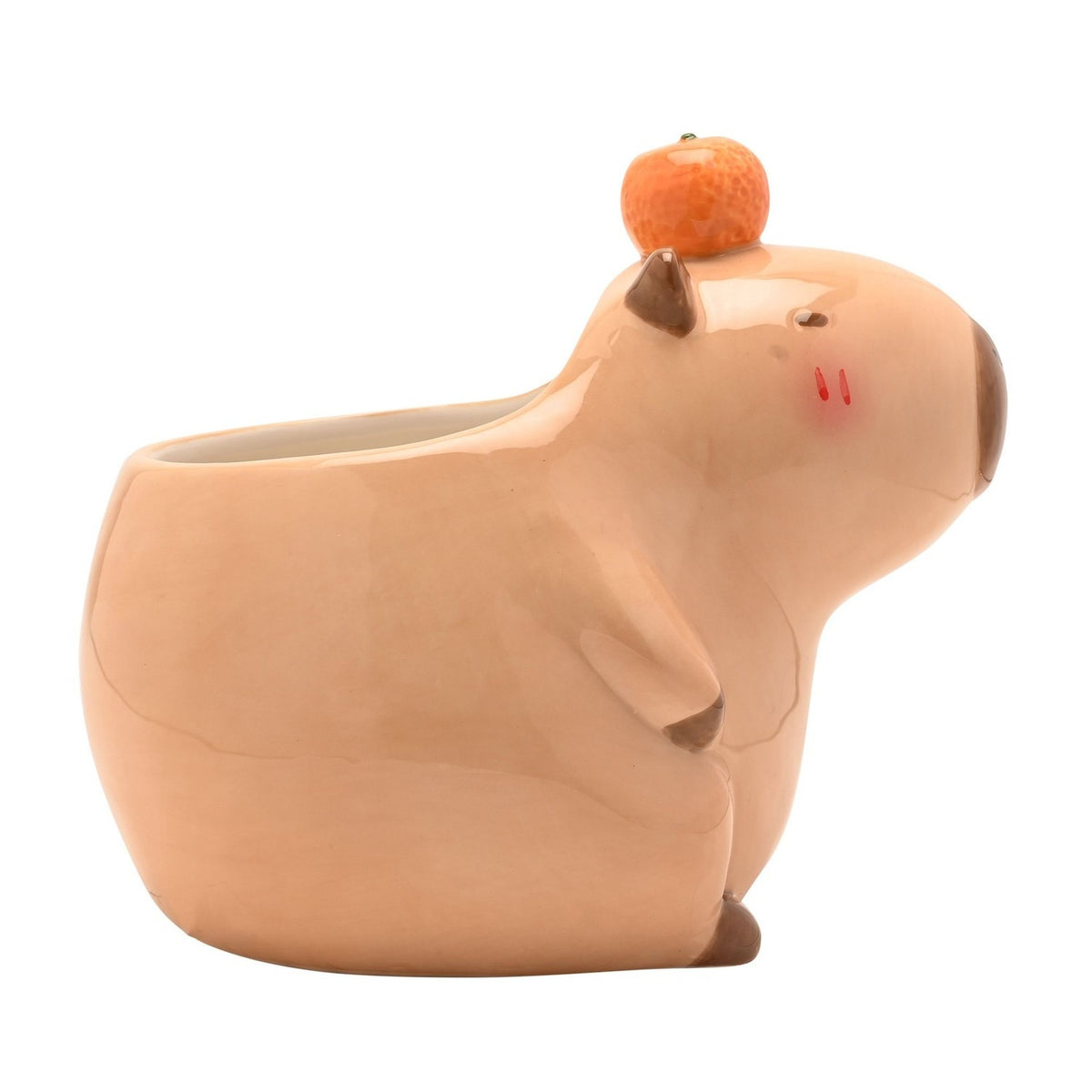 Large Capybara Ceramic Planter with Mandarin - Beige & Brown