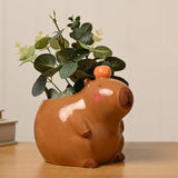 Medium Sitting Capybara Ceramic Planter - Brown & Orange