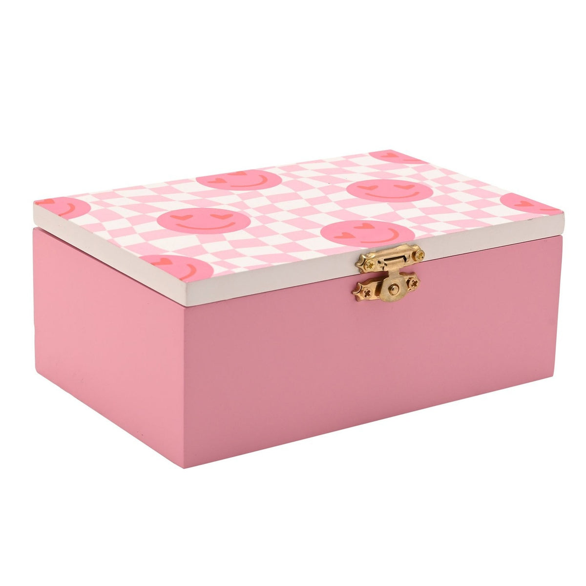 Chequerboard Smile Metal and MDF Hinged Trinket Box - Pink