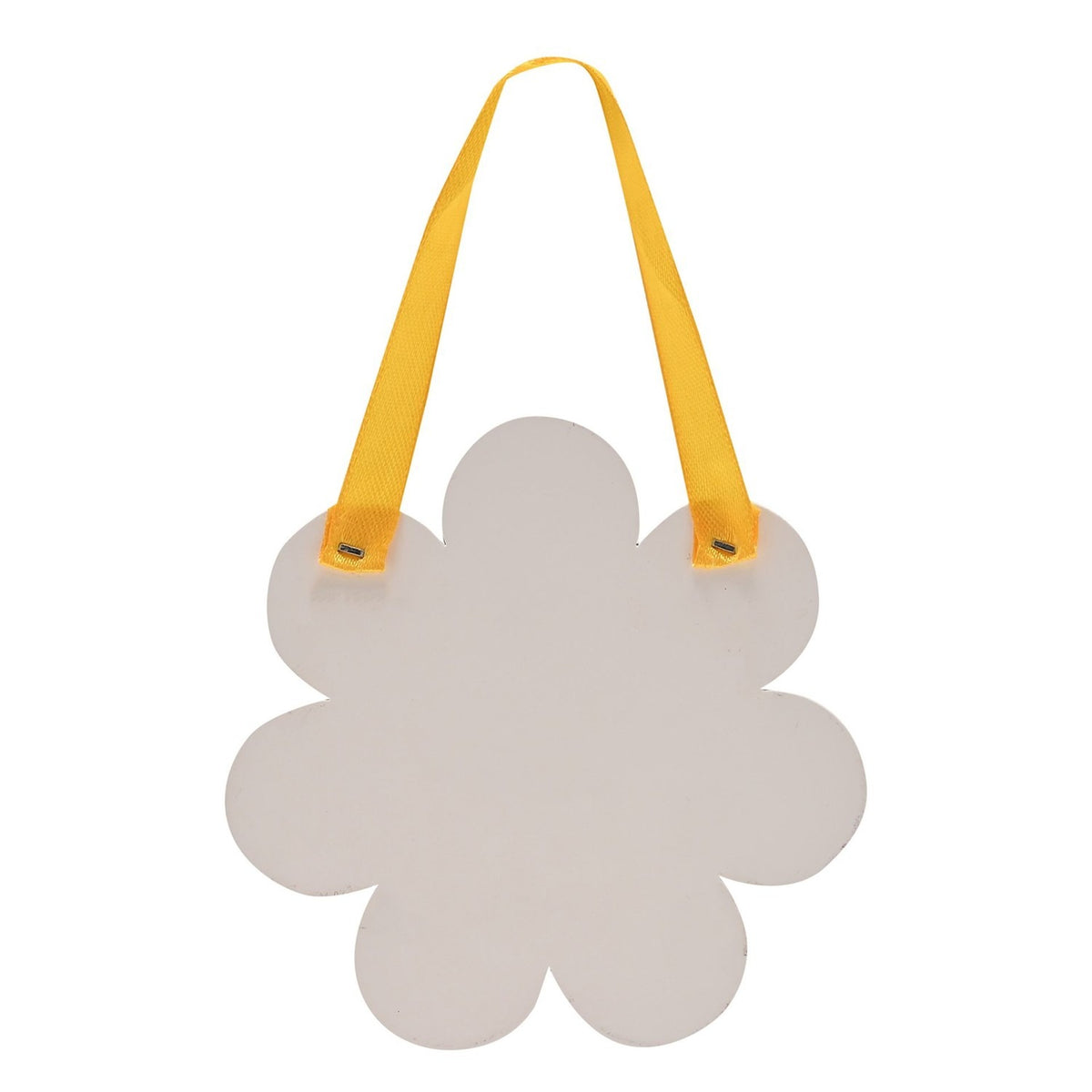 Flower-shaped wooden hanging plaque in pale pink with a yellow fabric ribbon, blank centre shown against a plain white background.