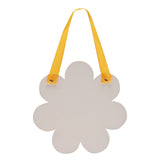 Flower-shaped wooden hanging plaque in pale pink with a yellow fabric ribbon, blank centre shown against a plain white background.