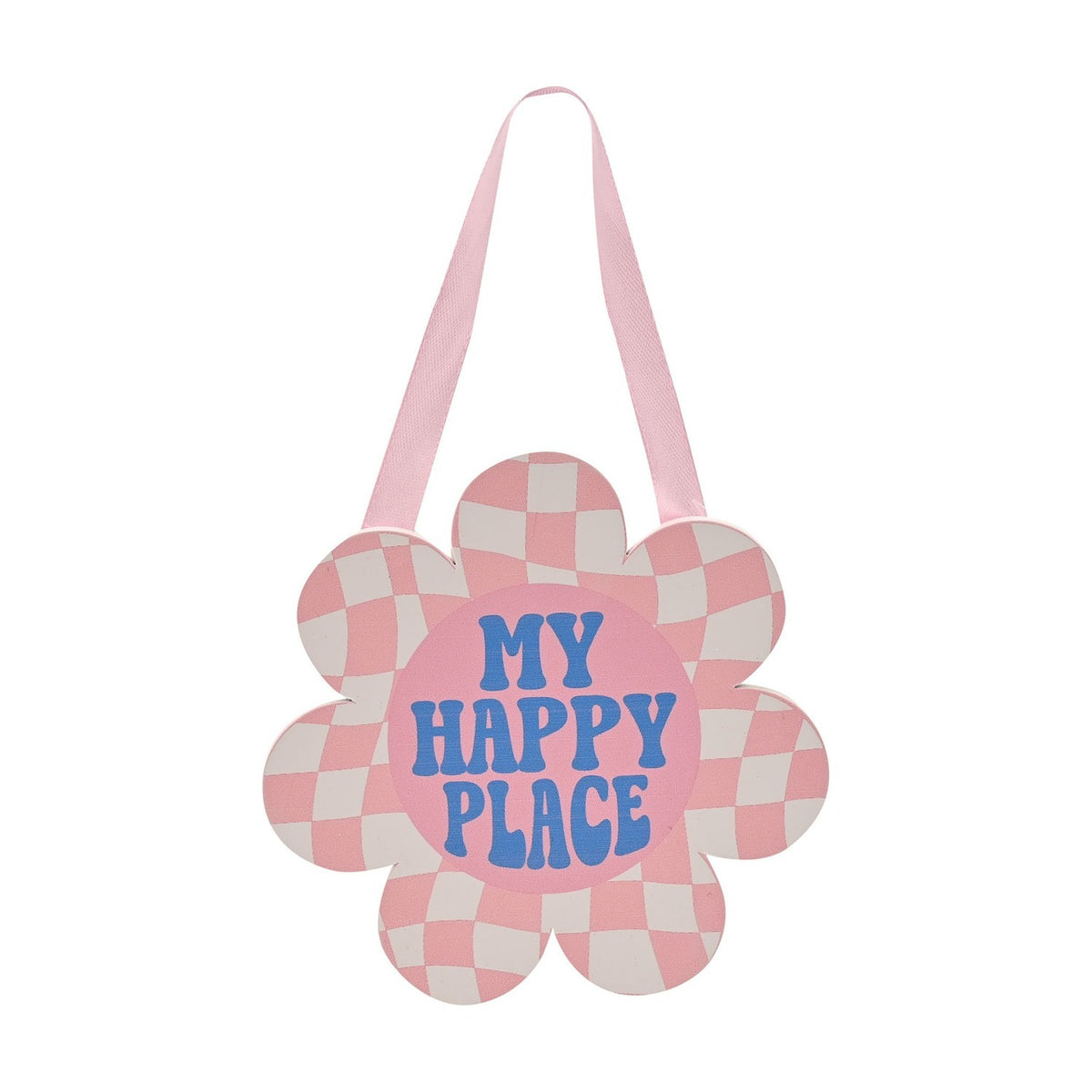 My Happy Place Checked Flower Hanging Wooden Plaque - Pink