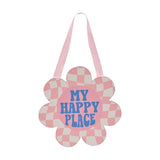 My Happy Place Checked Flower Hanging Wooden Plaque - Pink