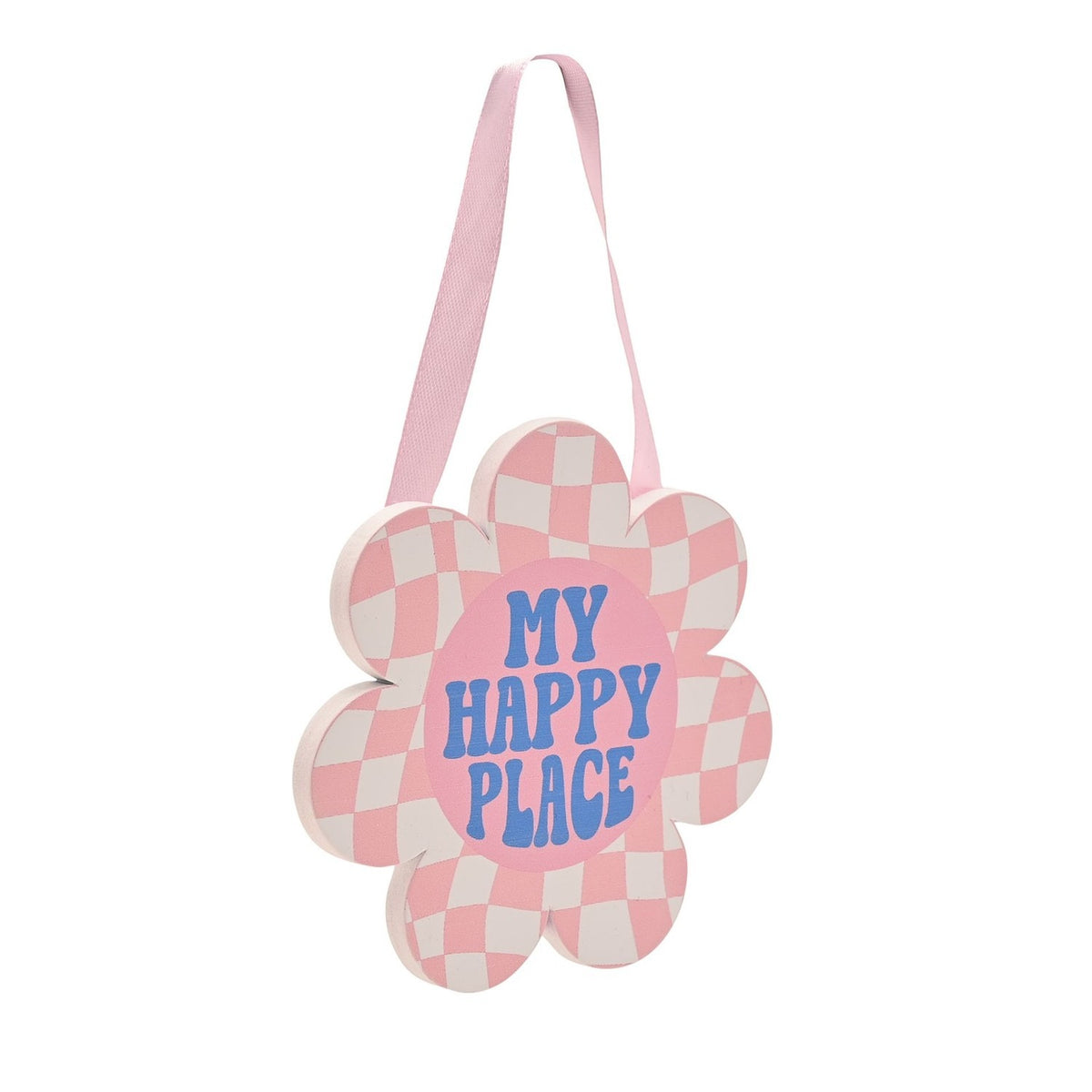 My Happy Place Checked Flower Hanging Wooden Plaque - Pink