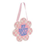 My Happy Place Checked Flower Hanging Wooden Plaque - Pink