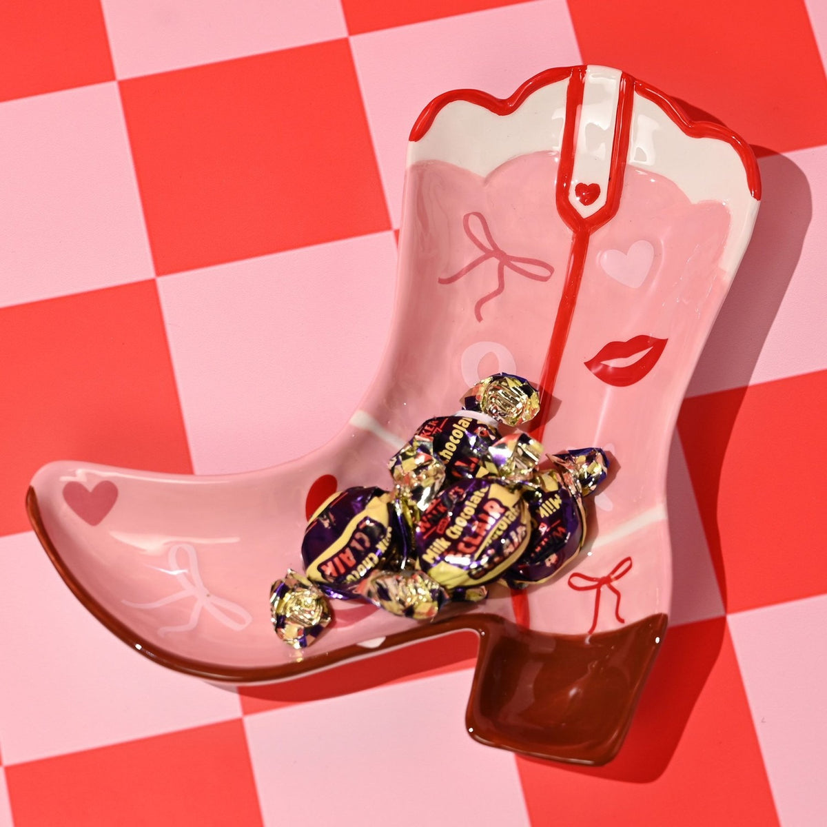 Hearts, Bows and Lips Cowgirl Boot Earthenware Plate - Pink
