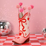 Cowgirl Boot Ceramic Vase with Red Bow and Hearts - Pink