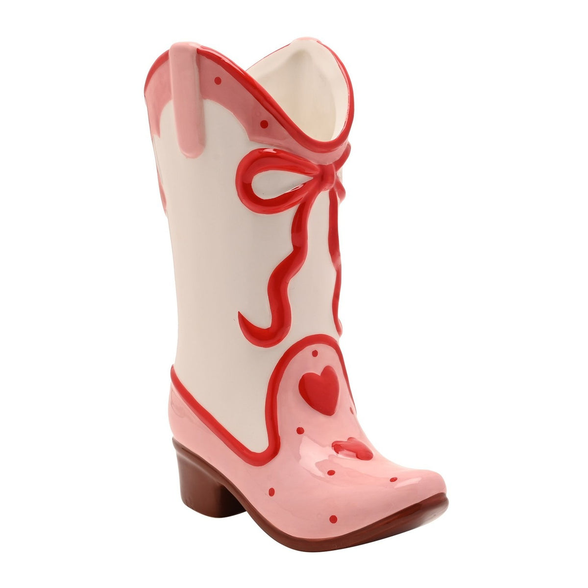 Cowgirl Boot Ceramic Vase with Red Bow and Hearts - Pink