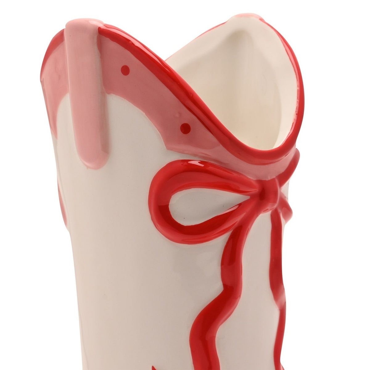 Cowgirl Boot Ceramic Vase with Red Bow and Hearts - Pink