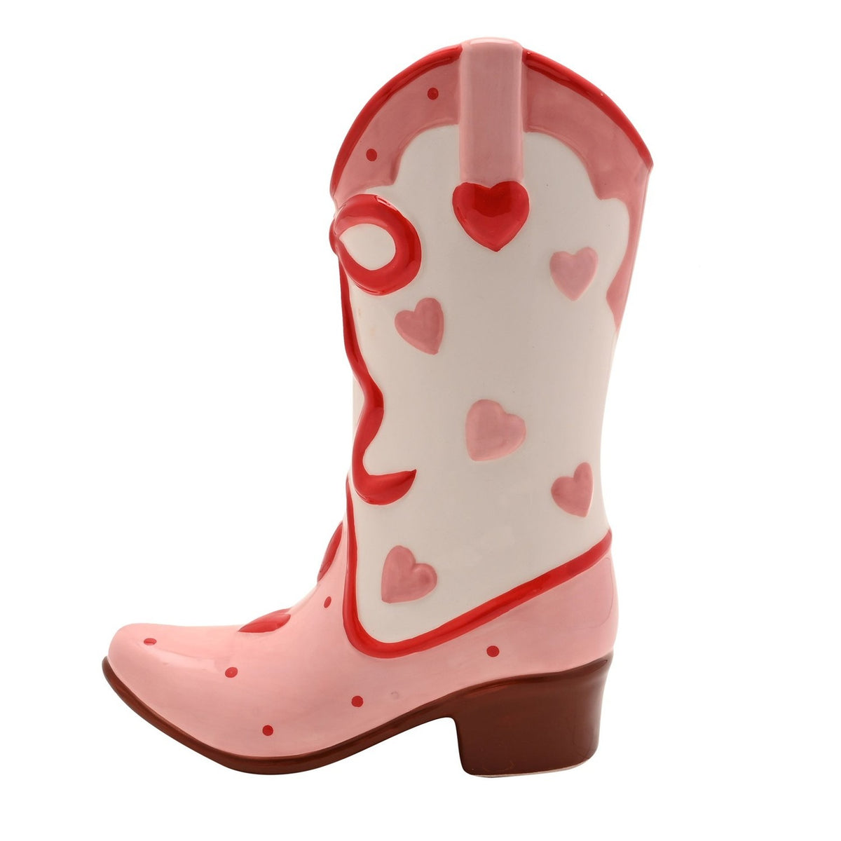 Cowgirl Boot Ceramic Vase with Red Bow and Hearts - Pink
