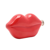 Red steel hip flask shaped like a glossy pair of lips, with a knurled silver screw cap at one corner, shown on a plain white background.