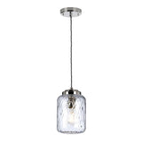 The Sola 1 Light Pendant in Polished Nickel features a clear glass, textured shade that beautifully highlights the vintage-style bulb within. Suspended by a black cord from its polished nickel ceiling fixture, this pendant light effortlessly adds elegance to any space.