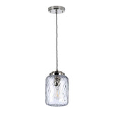 The Sola 1 Light Pendant features a polished nickel fixture and a clear glass shade with a diamond pattern, suspended from the ceiling by a cord with an exposed bulb inside.