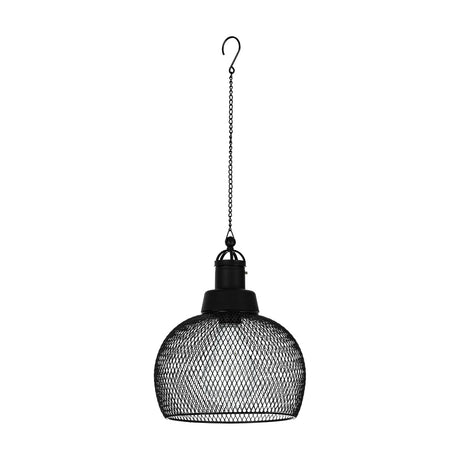 Solar Lantern 18.5cm in black, a hanging outdoor light with a domed black wire mesh shade, cap, chain and hook, shown against a plain white background.