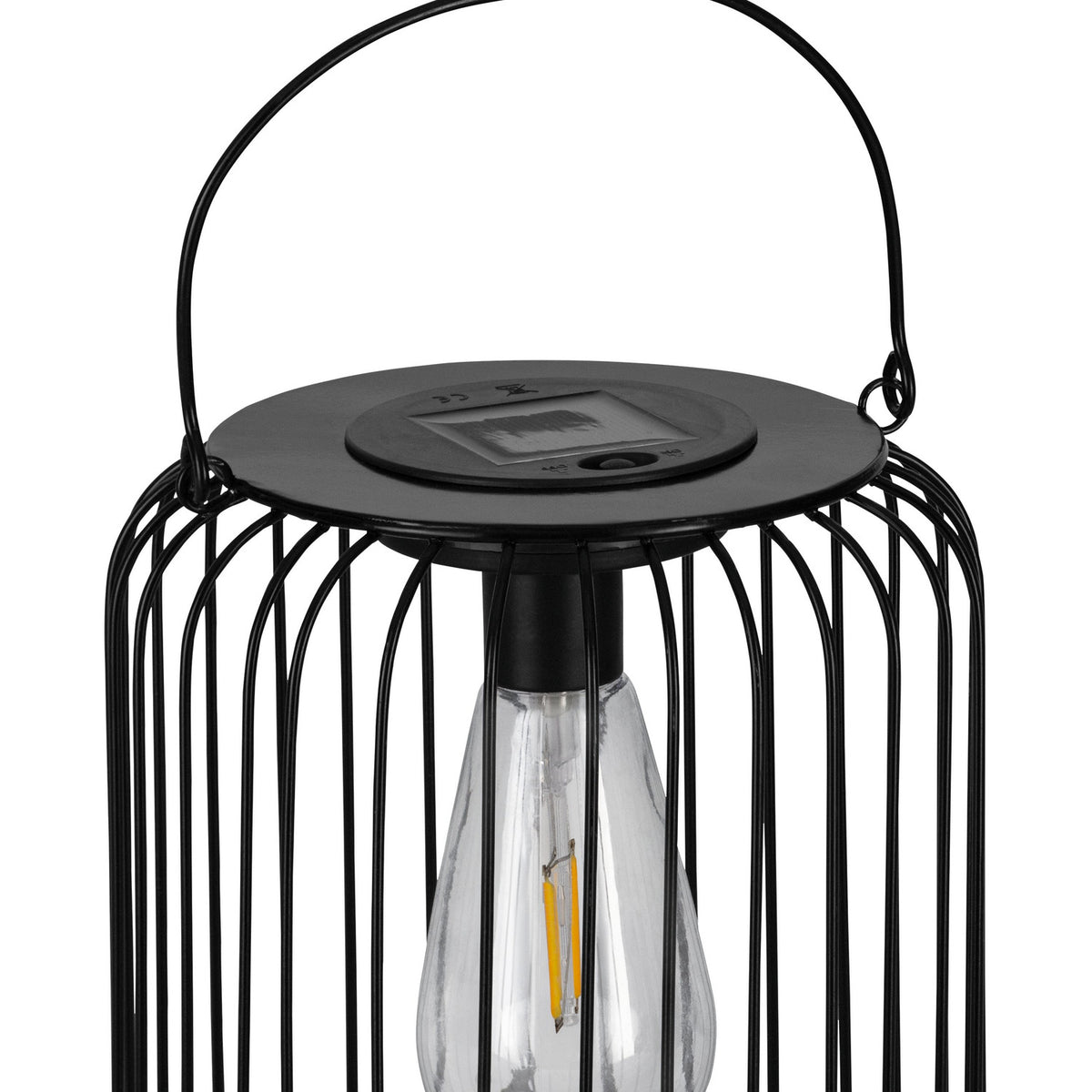 Solar Lantern 25cm in black steel wire cage design with arched carry handle, round lid showing solar panel, and exposed filament-style LED bulb, shown on a plain white background.