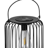 Solar Lantern 25cm in black steel wire cage design with arched carry handle, round lid showing solar panel, and exposed filament-style LED bulb, shown on a plain white background.