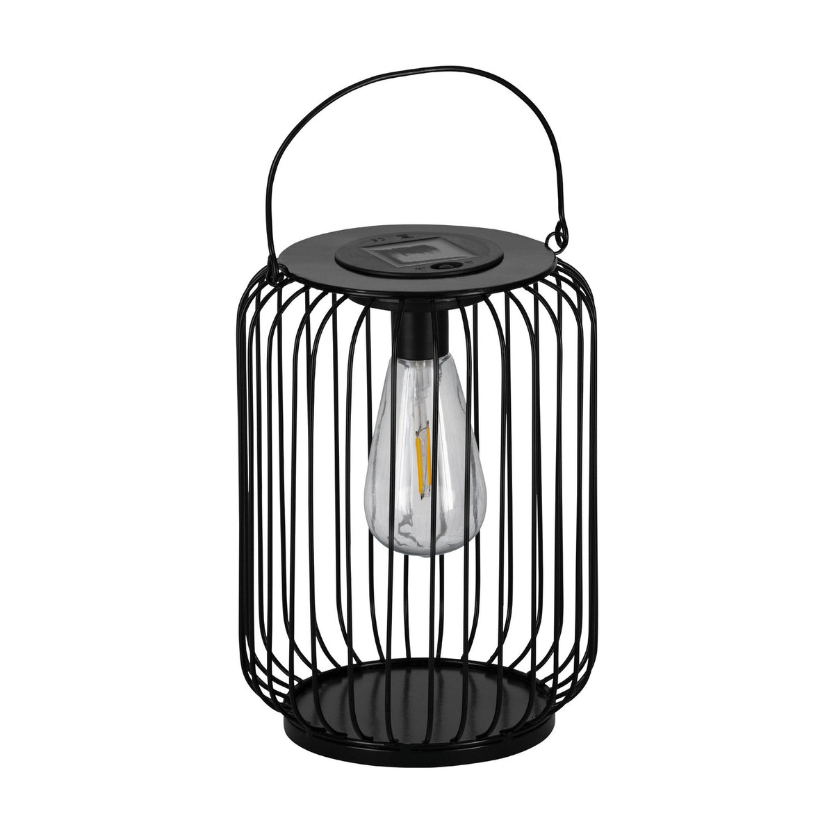 Solar Lantern 25cm in black steel wire cage design with round lid, barrel-shaped body, carry handle, and integrated LED filament-style bulb, shown on a plain white background.