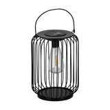Solar Lantern 25cm in black steel wire cage design with round lid, barrel-shaped body, carry handle, and integrated LED filament-style bulb, shown on a plain white background.