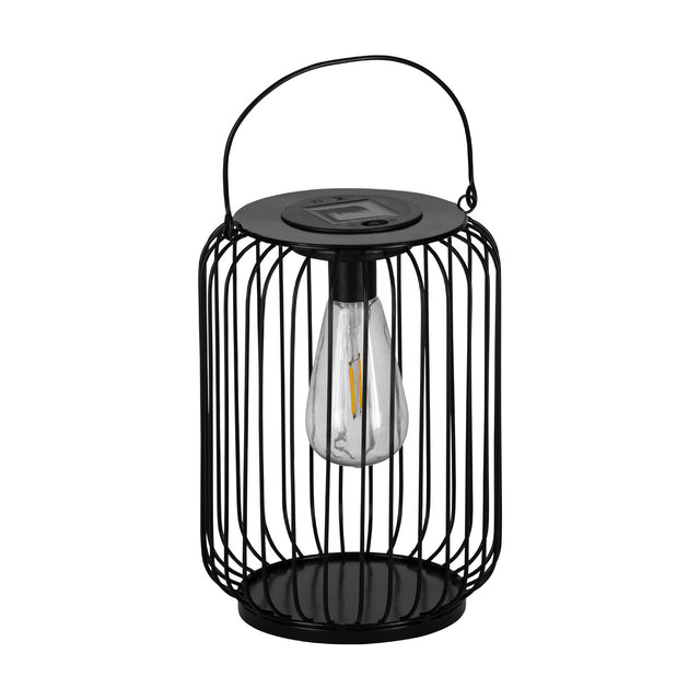 Solar Lantern 25cm in black steel wire cage design with round lid, barrel-shaped body, carry handle, and integrated LED filament-style bulb, shown on a plain white background.
