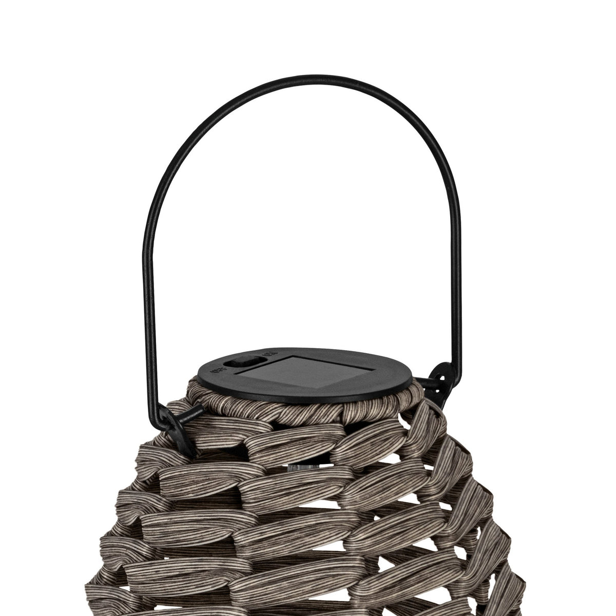 Solar LED Table Lamp 20.5cm in grey, an egg-shaped woven lantern with a round black top panel and arched black wire handle, shown against a plain white background.