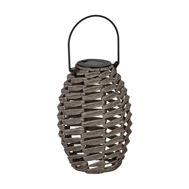 Solar LED table lamp with a woven grey egg-shaped body, round black top housing the solar panel, and an arched black wire handle, shown on a plain white background.